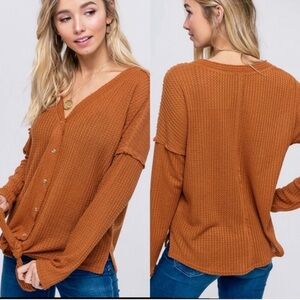 Waffle Knit Button Down Front Tie Casual Relaxed Fit Top